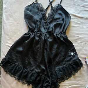 Elegant Black Lace Trim Romper Lingerie